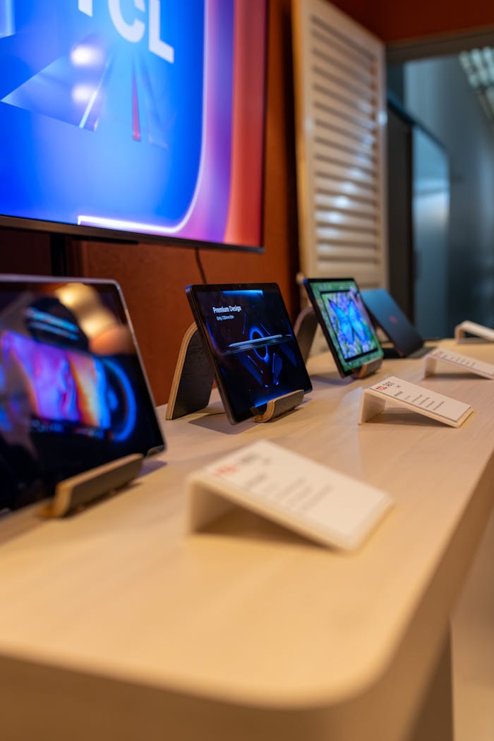 A selection of tablets showcased on a table in a tech retail store.